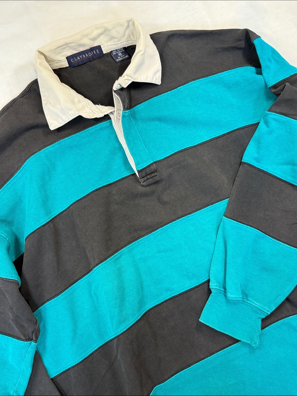 Claybrooke Rugby Shirt 90s Striped Teal Charcoal Heavyweight Cotton M